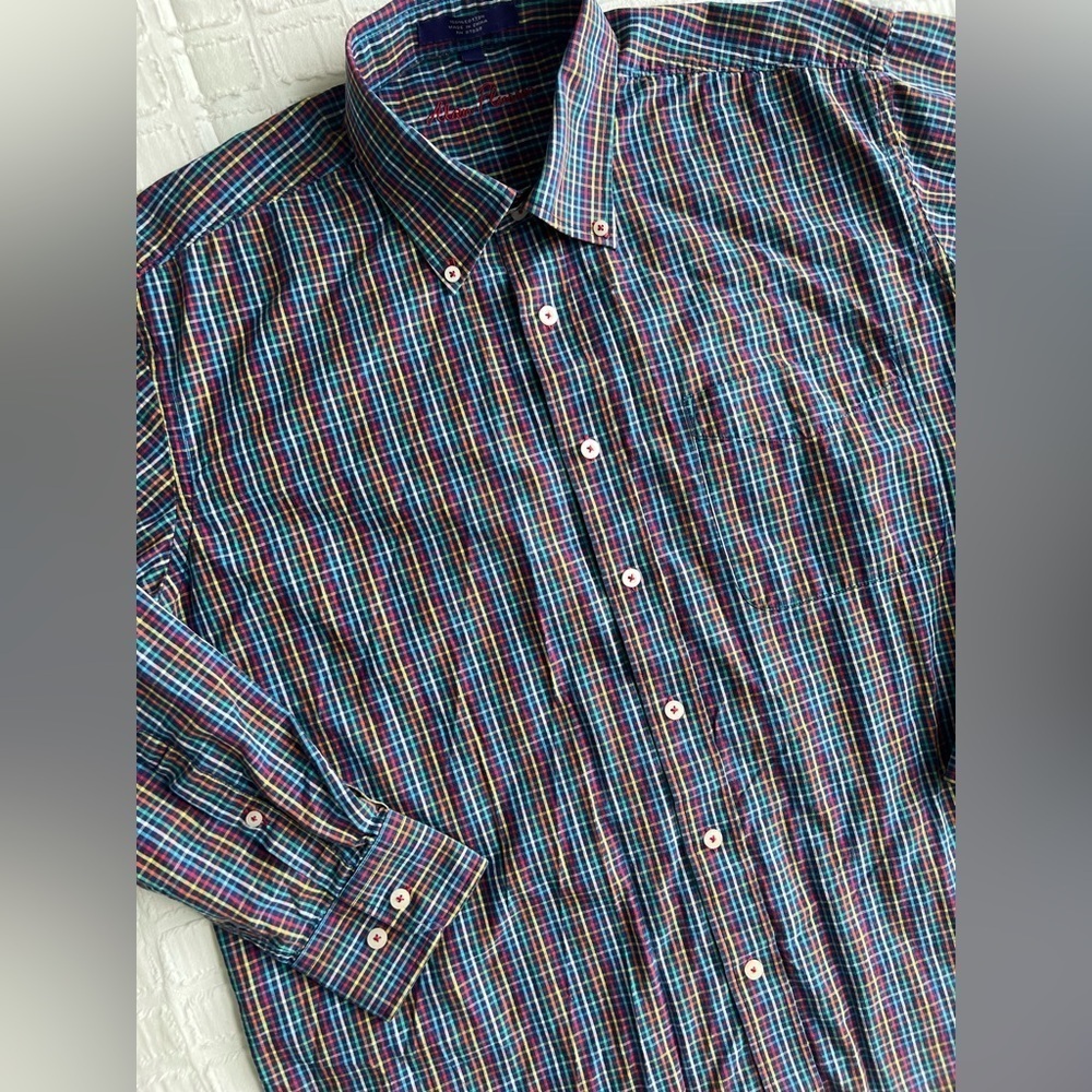 Alan Flusser Plaid Button Up Long Sleeve Shirt Multi-Colored Mens Size Large